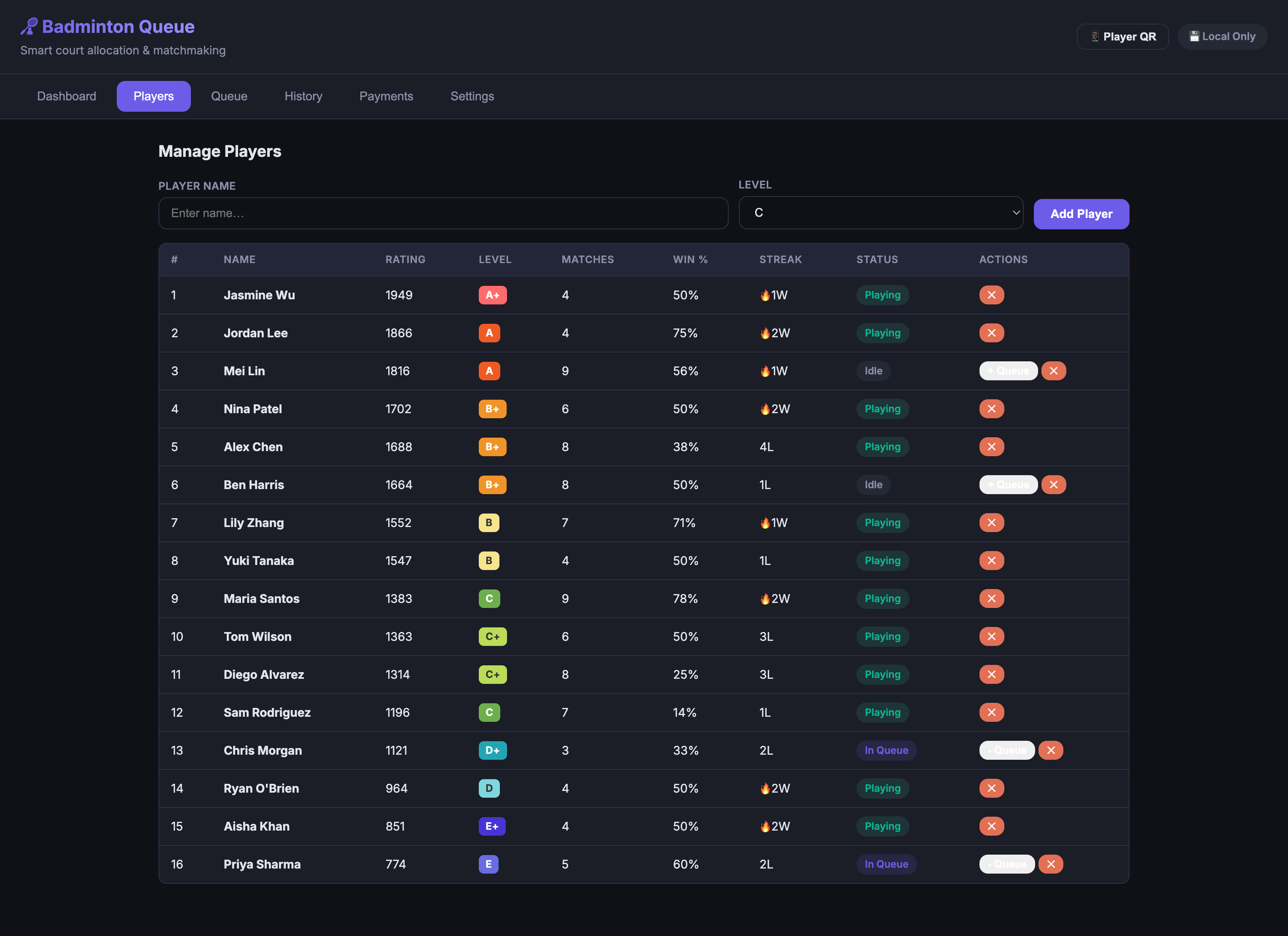 Badminton queue app landing page