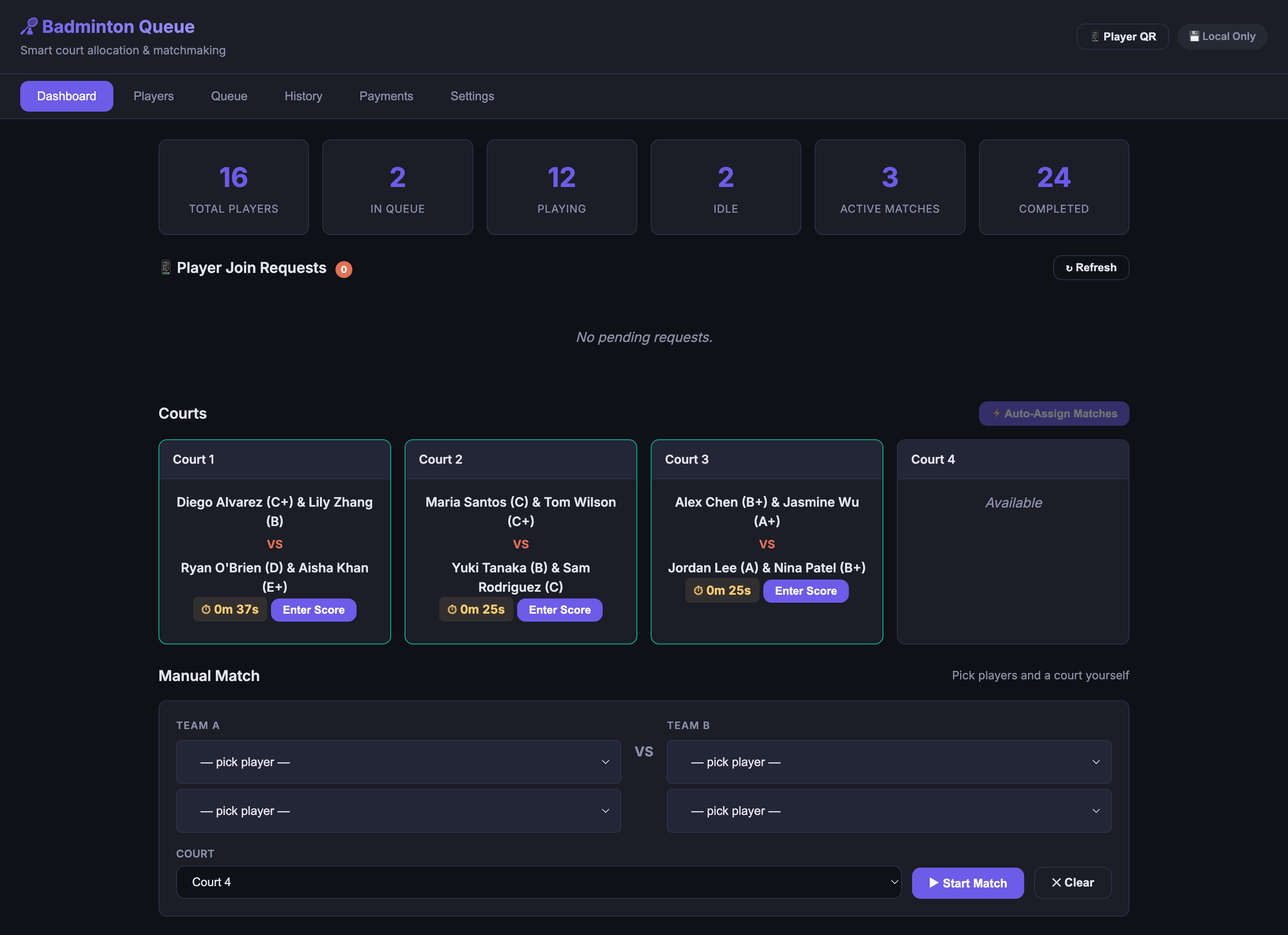 Badminton queue app mobile interface