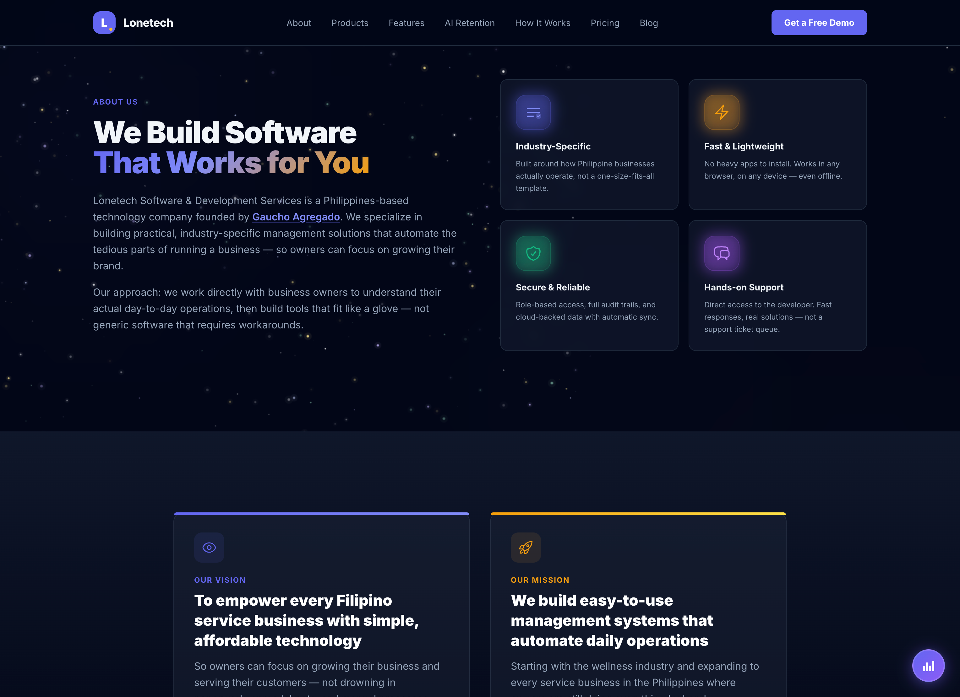 Lonetech company website hero section
