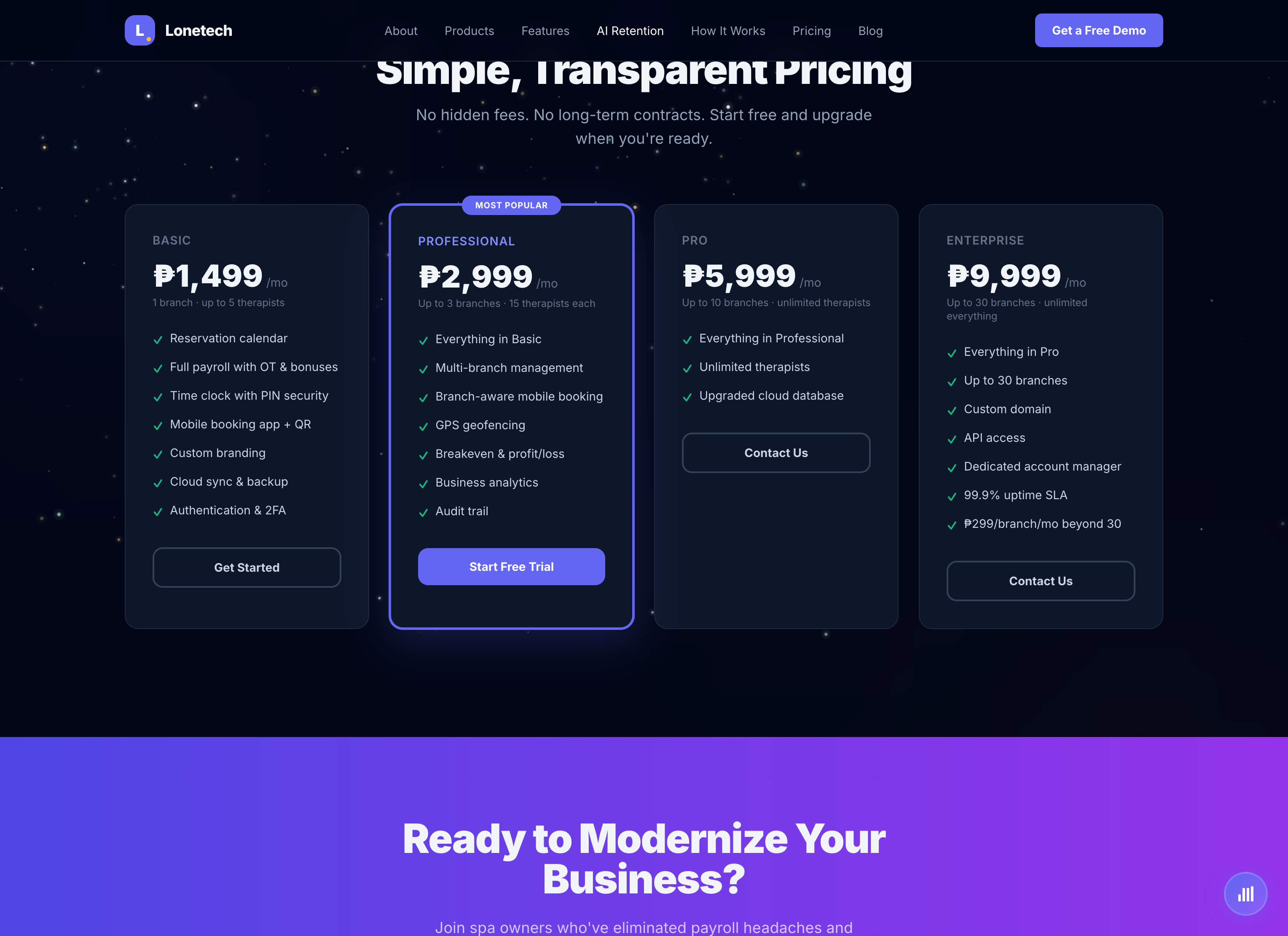 Lonetech website pricing section