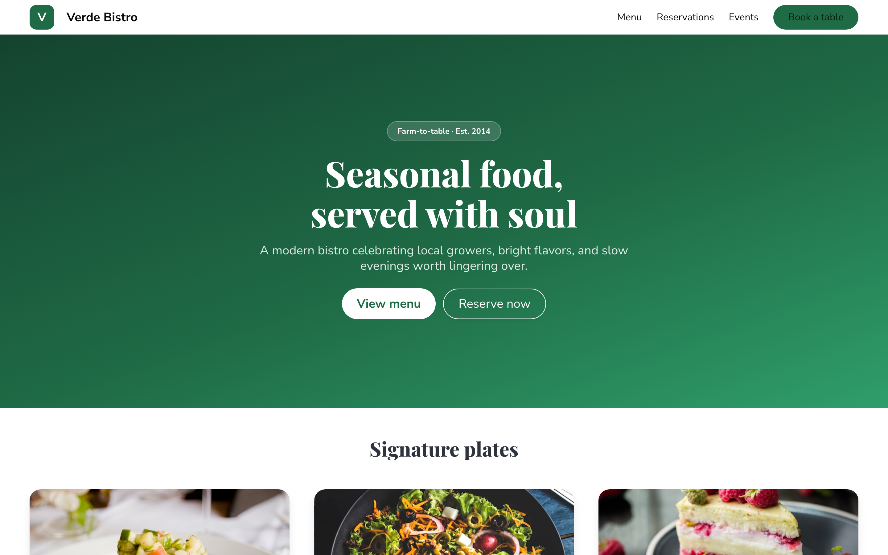 Verde Bistro restaurant website