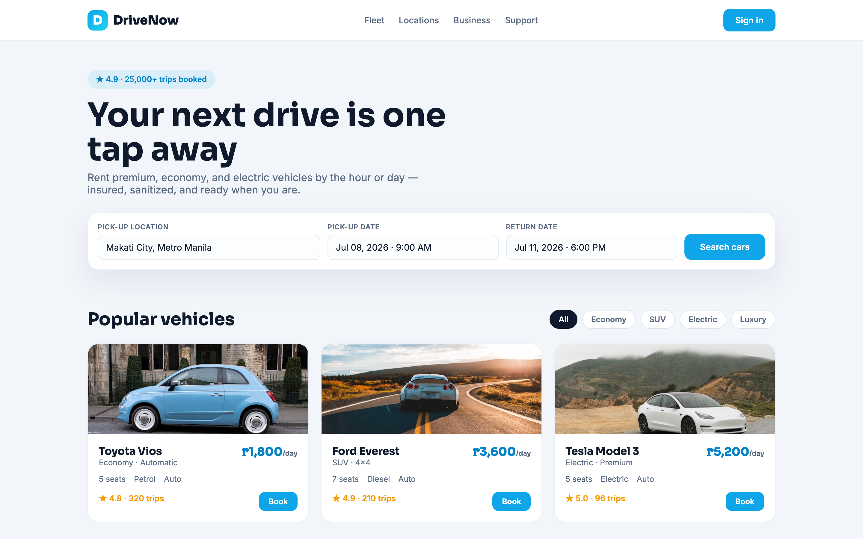 DriveNow car rental booking site