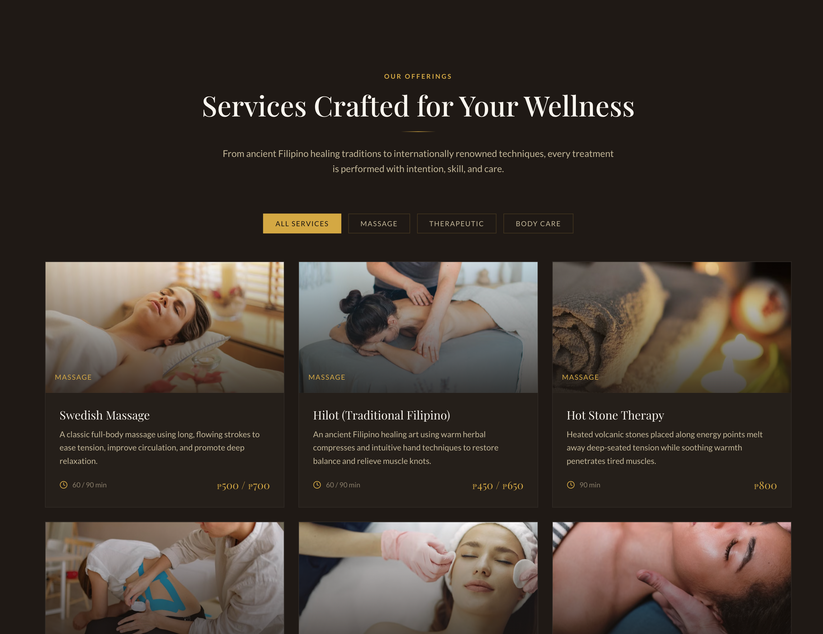 Traditions spa website landing section